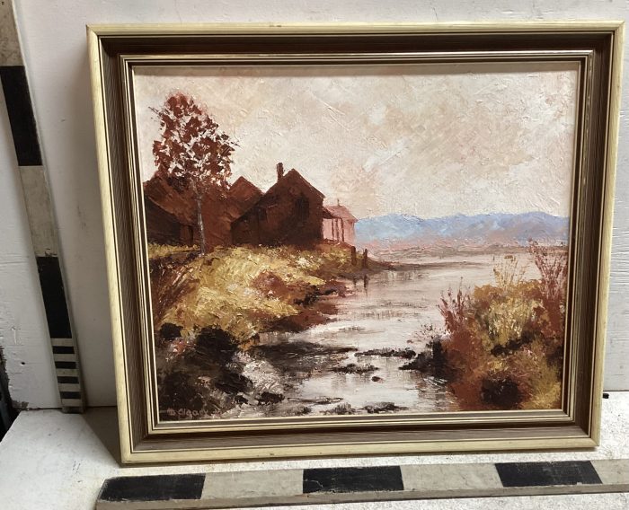 Landscape painting of house on a stream