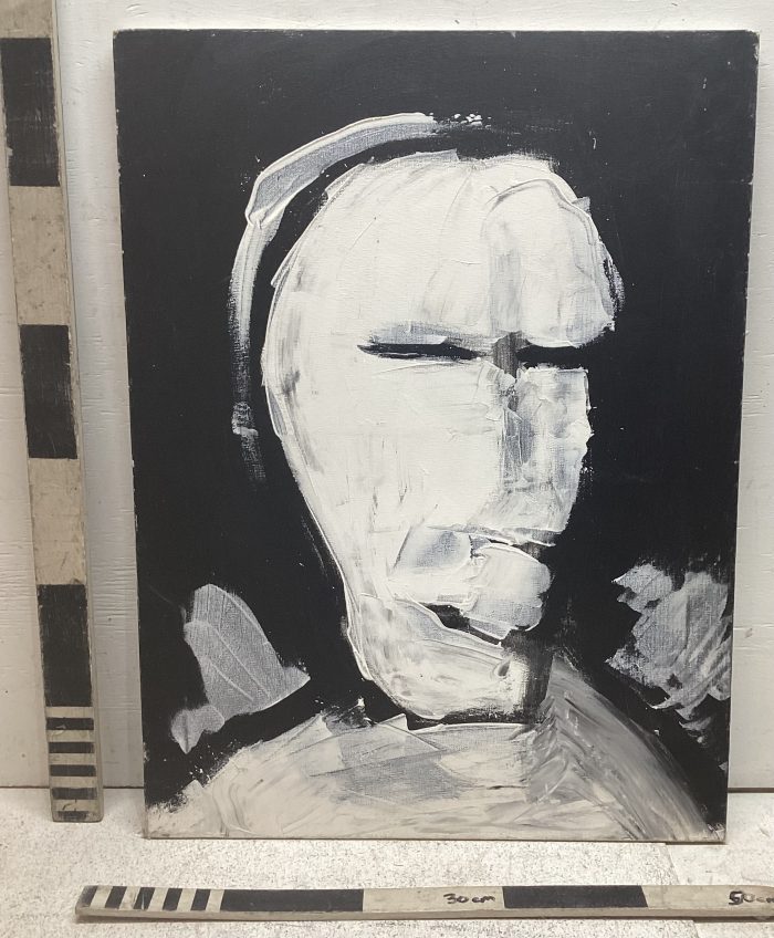 Painting of an abstract, black and white head